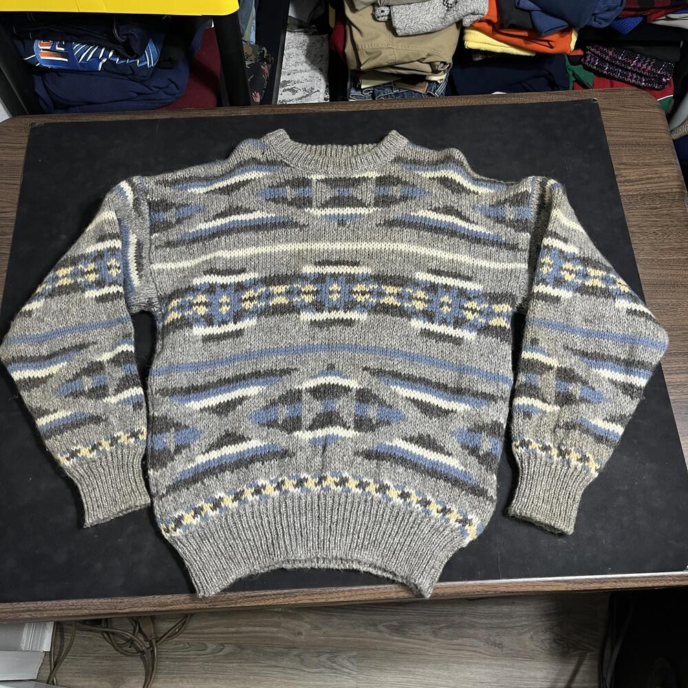 Blarney Woollen Mills Sweater Mens L Gray Wool Geometric Chunky Knit Ireland